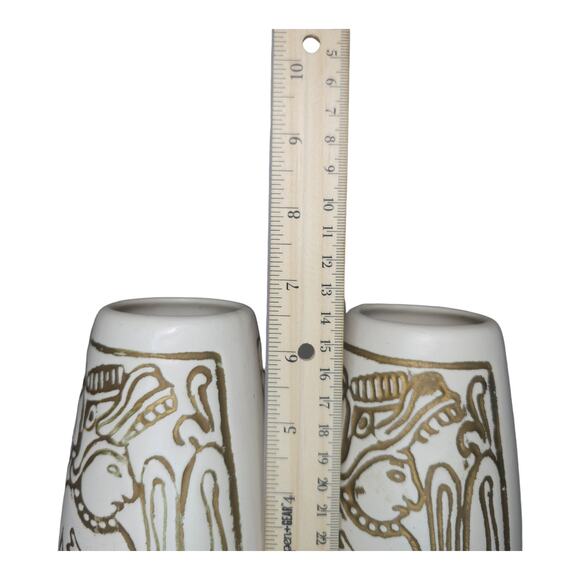 Vintage Mid-Century Mayan Aztec Native Design Vase Pair Cream Gold USA Made - Picture 16 of 16
